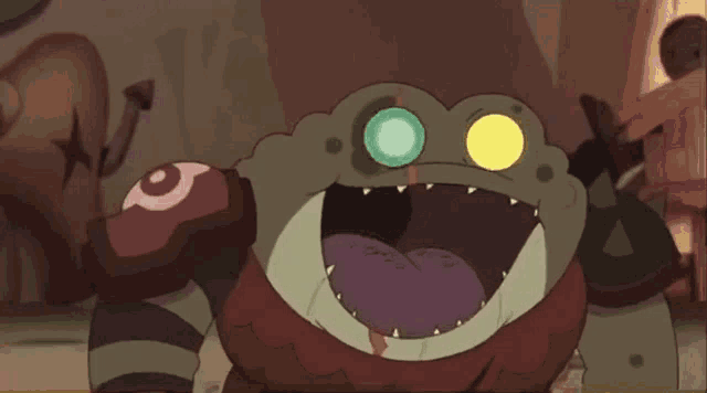 a cartoon frog with two yellow eyes and a beard is standing in front of a building .