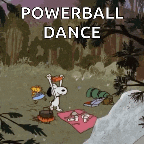 a cartoon of snoopy and woodstock dancing in the woods with the words powerball dance above them