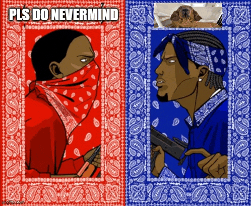 a red and blue bandana with a man holding a gun and the words pls do nevermind