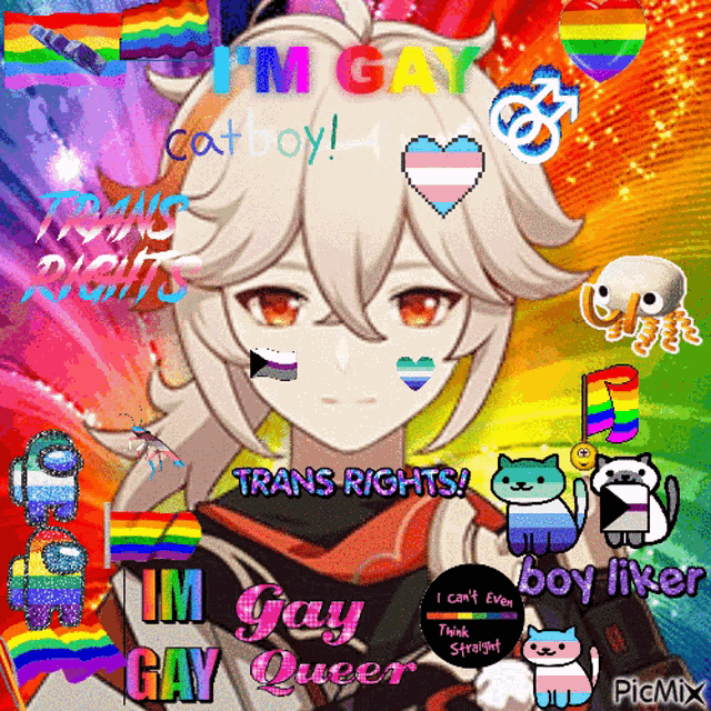 a picture of a person with the words i 'm gay cat boy on it