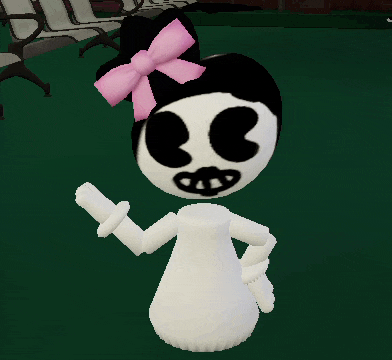 a black and white cartoon character with a pink bow on her head .