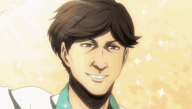 a close up of a man 's face with a smile on it