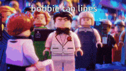 a lego man in a tuxedo stands in front of a crowd with the words bobbie tan lines