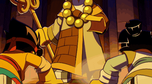 a group of cartoon characters are standing around a monk with a staff