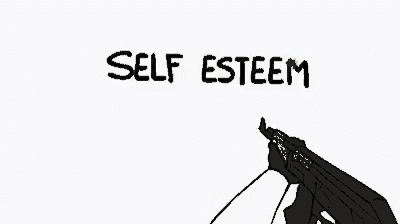 a cartoon of a person holding a gun and the words `` self esteem '' .