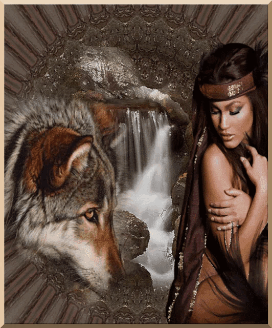 a painting of a woman with a wolf and waterfall in the background
