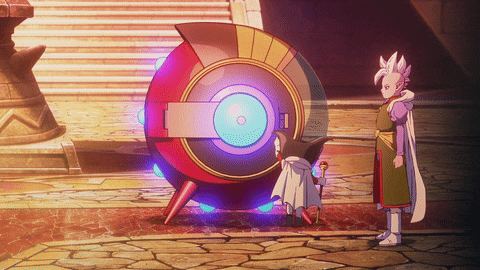 a couple of anime characters standing next to a purple object