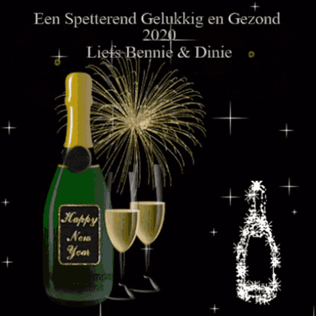 a bottle of champagne says happy new year on it