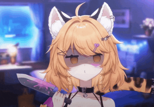 a girl with cat ears is holding a bloody knife in her hand