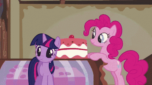 twilight sparkle and pinkie pie are standing next to a cake on a bed