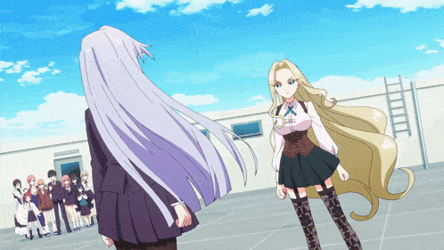 a girl with long white hair stands in front of a group of girls