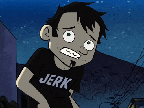 a cartoon character is wearing a black shirt with the word jerk on it