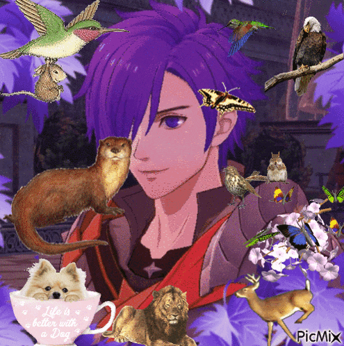 a picture of a man with purple hair surrounded by animals and a cup that says life is better with dogs