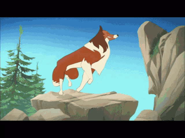 a cartoon of a red and white dog jumping off a rock