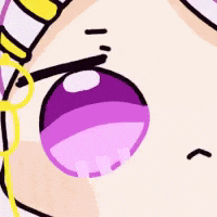 a close up of a cartoon character 's face with a purple eye and a yellow earring .