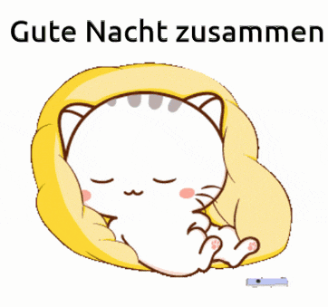 a cartoon cat is sitting on a yellow pillow looking at a cell phone and the words gute nacht zusammen are above it