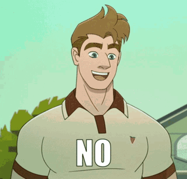 a cartoon man wearing a shirt that says no on it