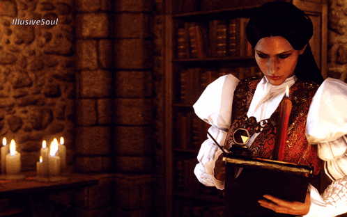 a woman is reading a book in a room with candles and the word illusive soul on the bottom right