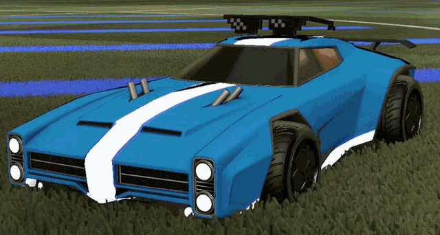 a blue and white sports car with sunglasses on top