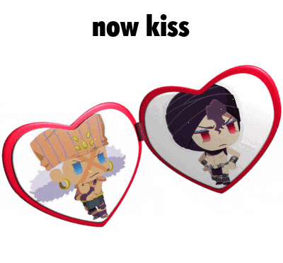 two heart shaped mirrors with the words now kiss written above them