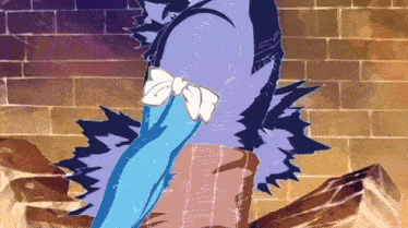 a drawing of a blue bird with a white bow on its sleeve