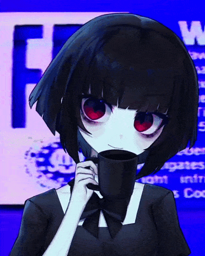 a girl with red eyes is holding a black cup