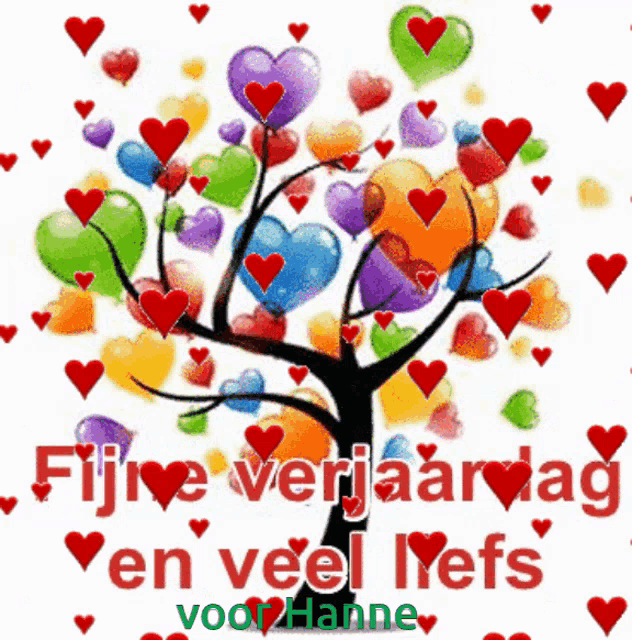a picture of a tree with hearts and balloons that says fijne verjaardag en veel liefs voor hanne