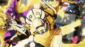 a close up of a cartoon character with a purple and yellow outfit