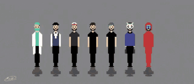 a pixel art drawing of a group of people standing in a row