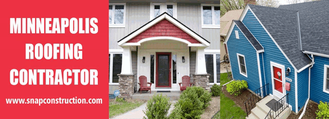 a banner for minneapolis roofing contractor showing a house and a blue house