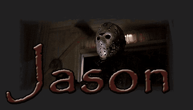 a man is standing in a dark room with the word jason on the bottom