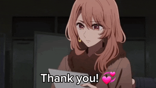a girl is holding a tablet with the words thank you written on it