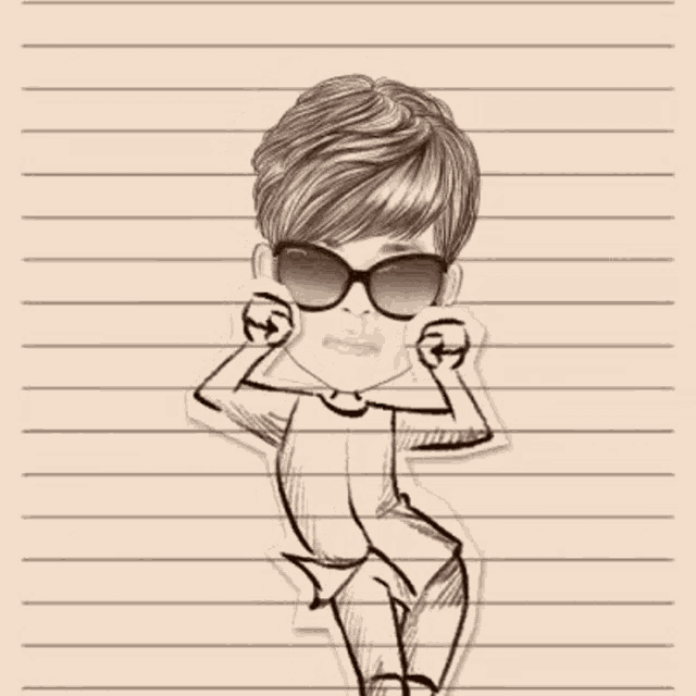 a black and white drawing of a boy wearing sunglasses on a piece of paper .