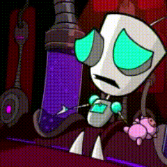 a cartoon character with green eyes holding a stuffed animal