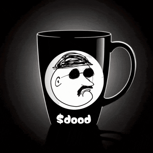 a black coffee mug with a drawing of a man with sunglasses and the words $ dood on it