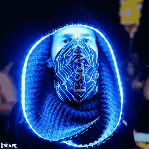 a man wearing a mask with escape written on it