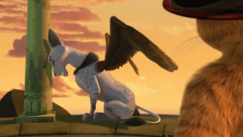 a cartoon cat with wings is looking at a cat with a hat