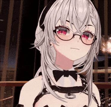 a girl with white hair and red eyes is wearing glasses