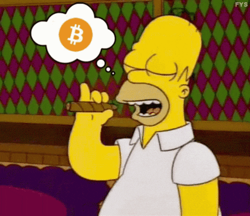 a cartoon of homer simpson smoking a cigar and thinking about a bitcoin