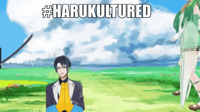 a man in a tuxedo is standing in a field with the words harukultured written above him