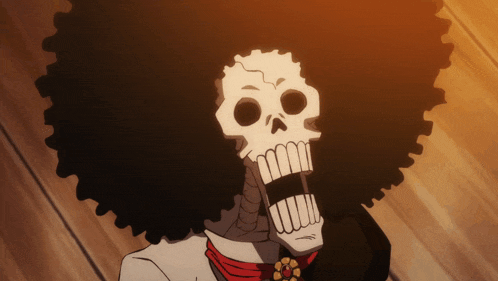 a cartoon drawing of a skeleton with a big afro