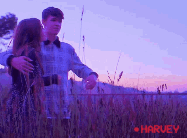 a boy and a girl are hugging in a field with the name harvey on the bottom right