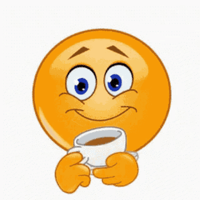 a smiley face drinking a cup of coffee from a saucer