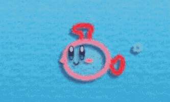 a pink circle with a face on it is floating on top of a blue surface .