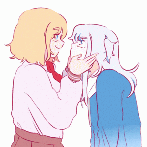 a drawing of two girls touching each other 's face