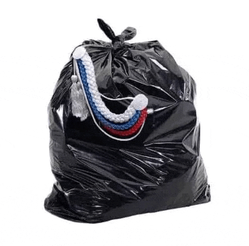 a black garbage bag with a red , white , and blue rope .