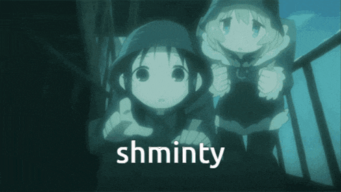 a picture of two anime girls with the word shminty on the bottom right