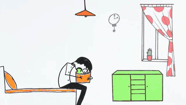 a drawing of a man sitting on a bed with a drum