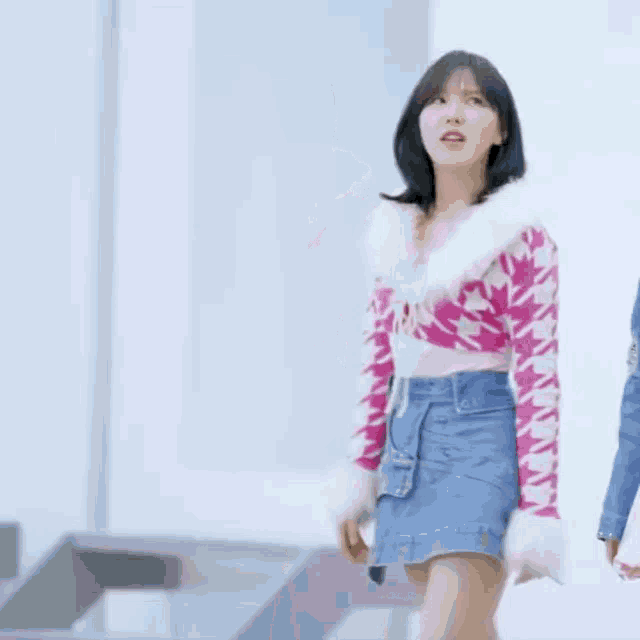 a woman is wearing a pink sweater and a blue skirt .