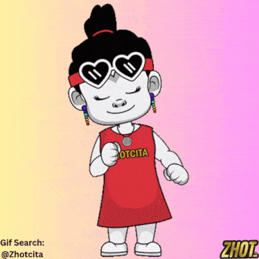 a cartoon drawing of a girl wearing sunglasses and a zhotci shirt